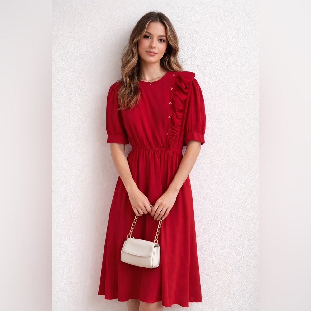 Saks Fifth Avenue Vintage 50s 60s Red Silk Dress with Ruffle Detail Sz. S